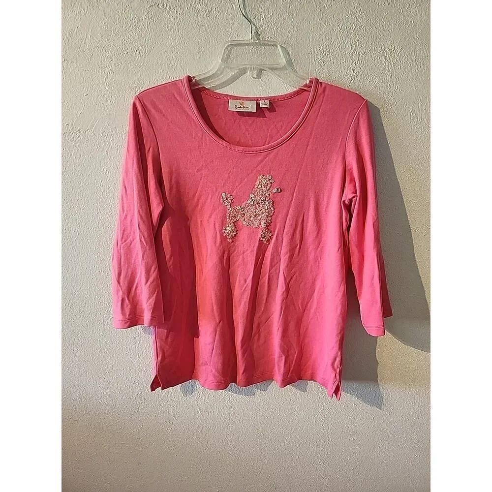 Quacker Factory Top Women's Small Embellished Sequins Poodle 3/4 sleeve Dog